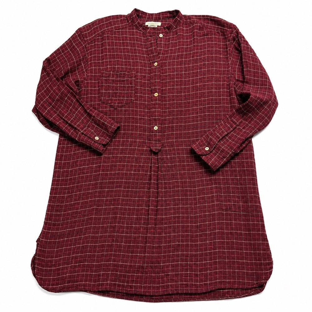 Isabel Marant Etoile Burgundy Plaid Wool Blend Band Collar Tunic Shirt Red